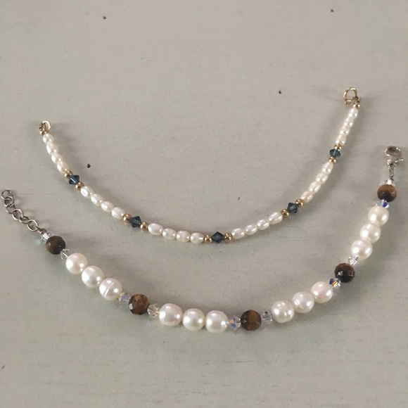 Set of pearl bracelets w/ tigers eye & blue stones - Picture 3 of 8